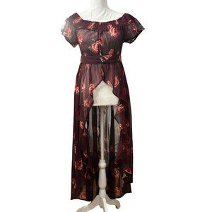 Floral Sheer Burgundy High-Low Maxi Kimono With Off-Shoulder Design Size S
